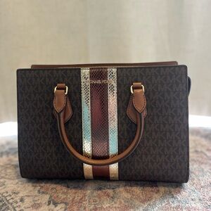 Michael Kors Brown Monogram Tote with Metallic Stripe